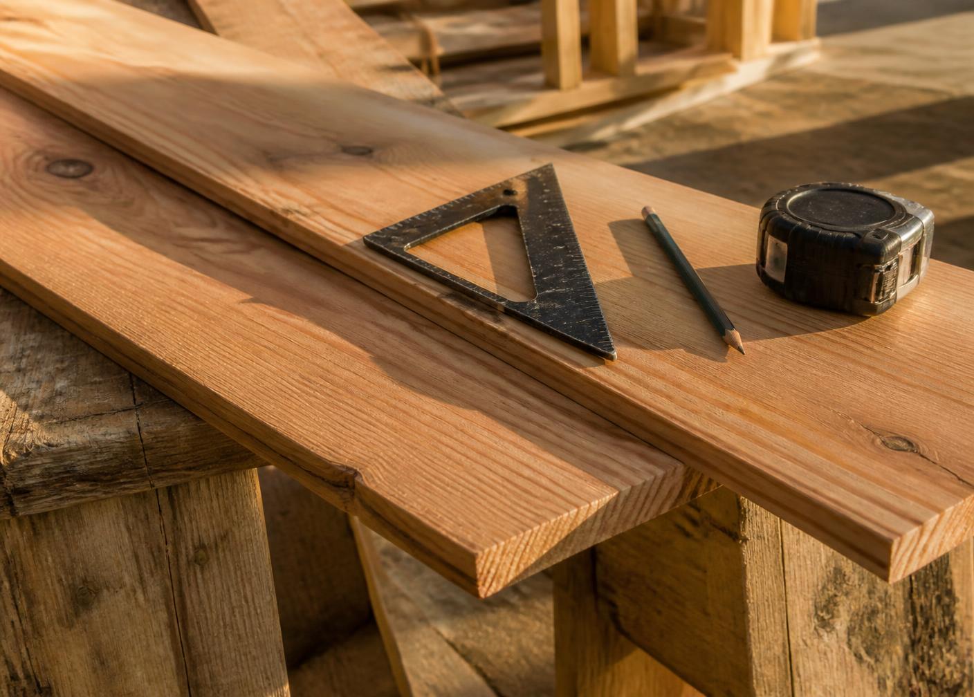 Cypress boards, framing square, pencil, and tape measure on sawhorses at a job site